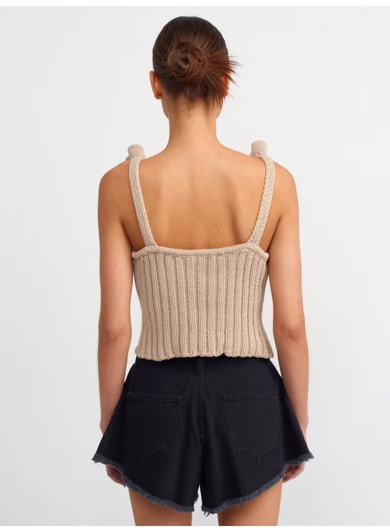 Dilvin 10524 Strappy Handmade Floral Detailed Knitwear Top-Beige - Image 2